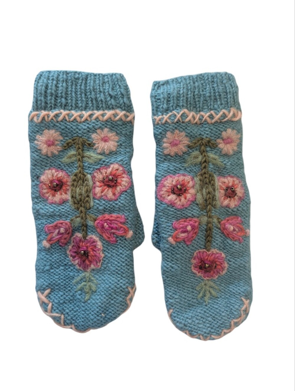 FRENCH KNOT Hand-Knit Blue Floral Embroidered Mittens
